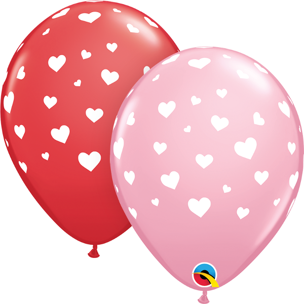 11" Random Hearts Red, Pink (50 Per Bag) Latex Balloons