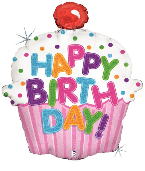 31" Holographic Shape Balloon Happy Birthday Cupcake