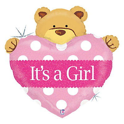 37" Baby Girl Big with Bear Heart Balloon