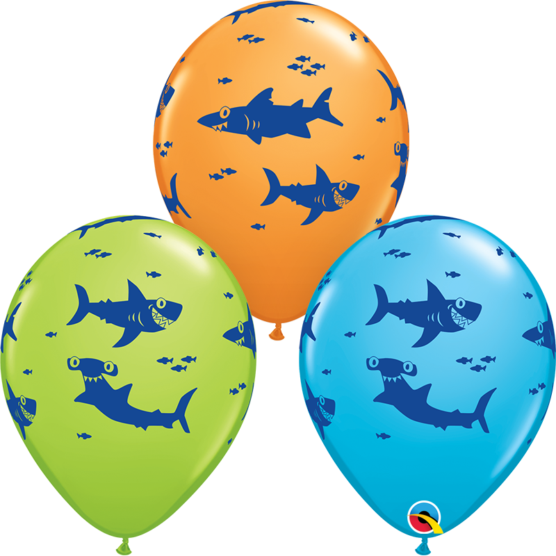 11" Latex Balloons Sharks Latex LGreen, Orange, RE Blue (50 Per Bag)