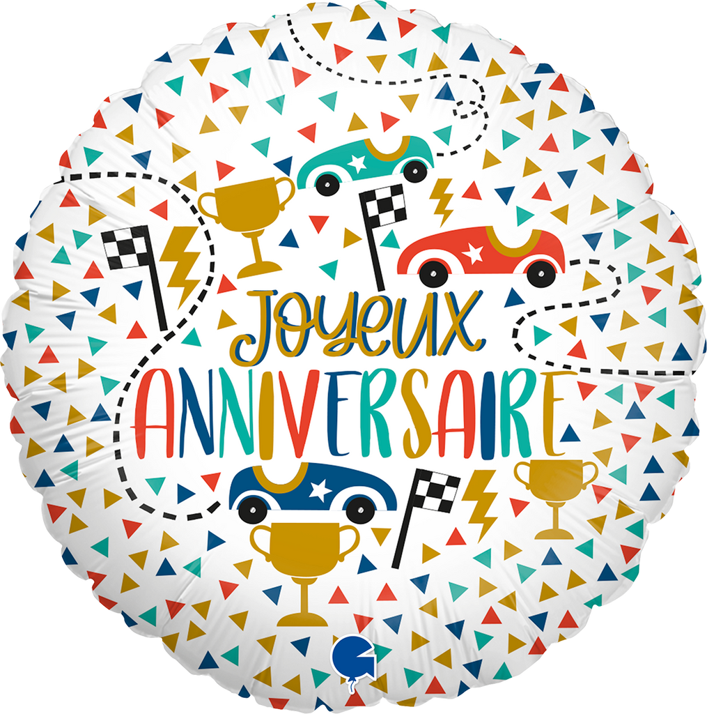 18" Joyeux Anniv Voitures (French) Foil Balloon