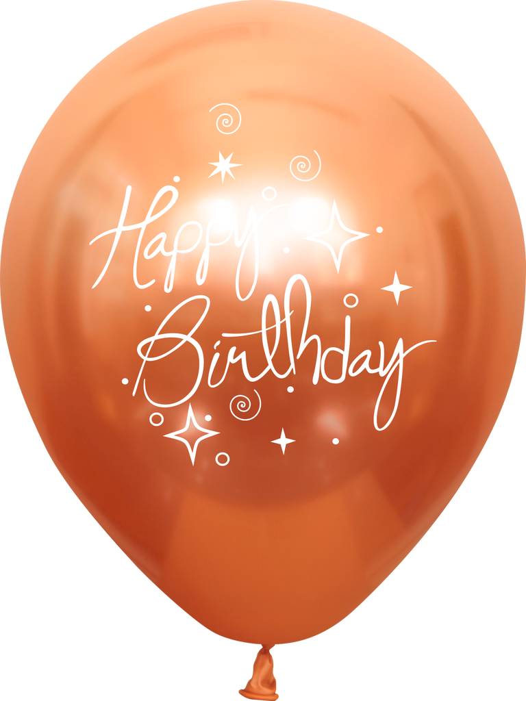 12" Mirror Happy Birthday Copper Latex Balloons (25 Per Bag) 2 Side Print