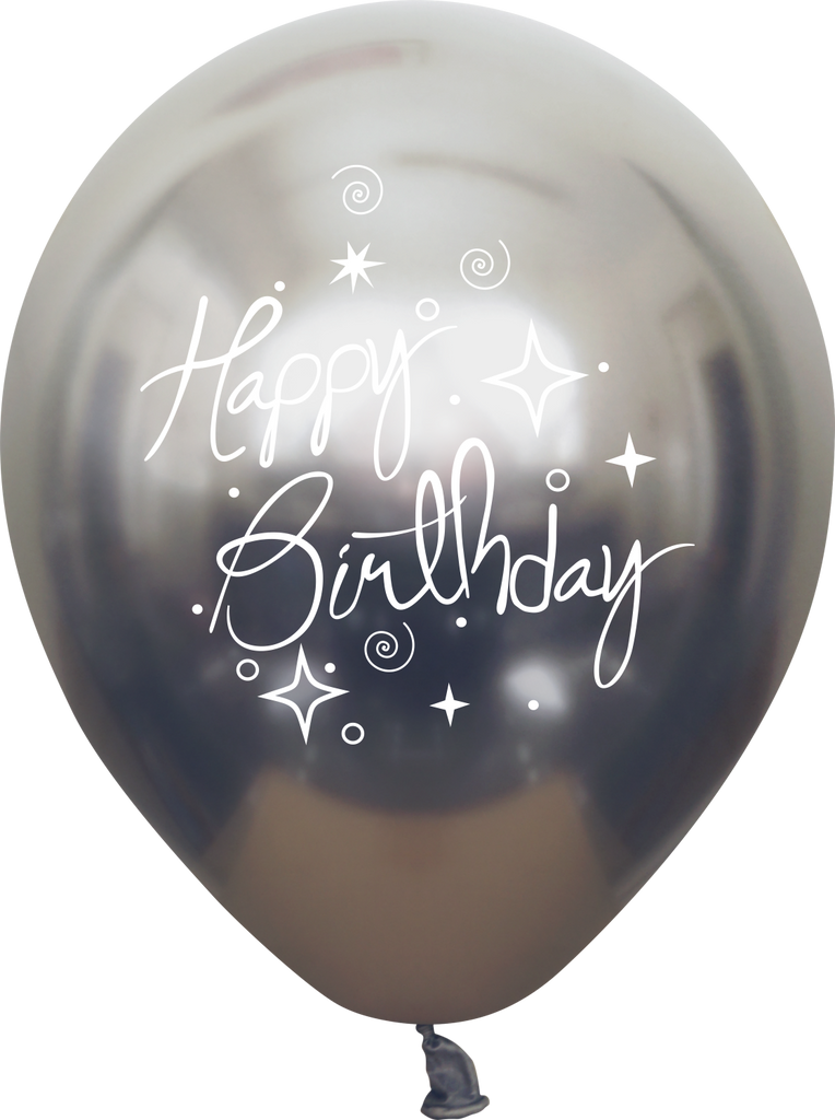 12" Mirror Happy Birthday Space Grey Latex Balloons (25 Per Bag) 2 Side Print