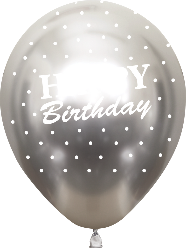 12" Mirror Happy Birthday All Around Silver Latex Balloons (25 Per Bag) 5 Side Print