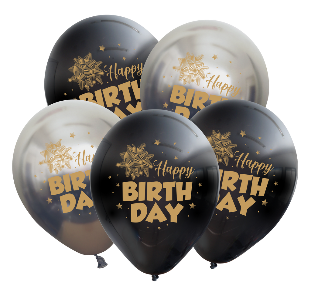 12" Mirror Happy Birthday Space Grey Balloon Gold Print Latex Balloons (25 Per Bag) 2 Side Print