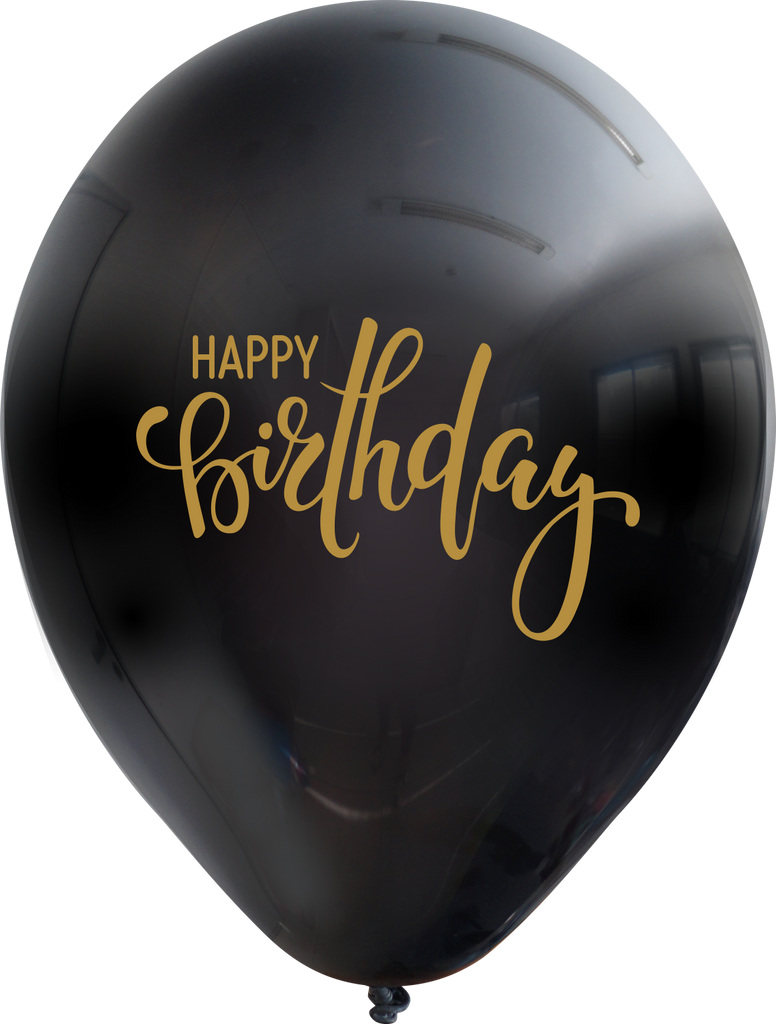 12" Happy Birthday Black Balloon Gold Print Latex Balloons (25 Per Bag) 2 Side Print