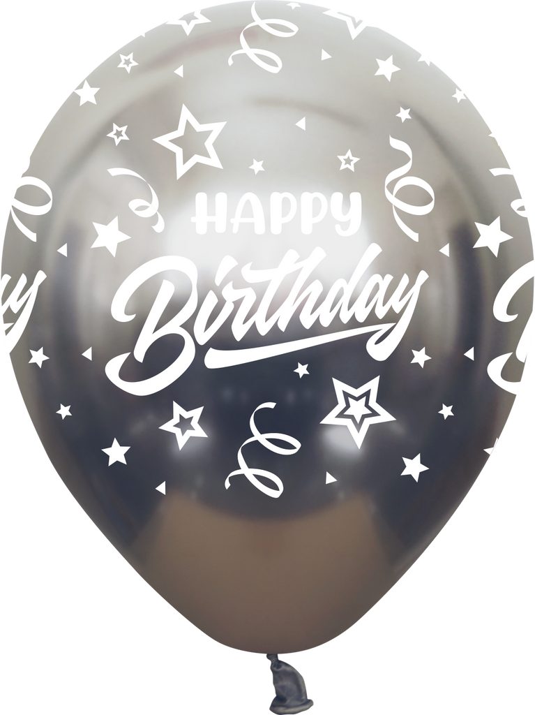 12" Mirror Happy Birthday All Around Space Grey Latex Balloons (25 Per Bag) 5 Side Print