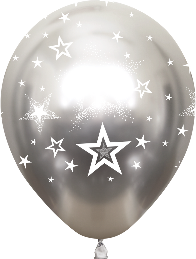 12" Mirror Stars All Around Silver Latex Balloons (25 Per Bag) 5 Side Print