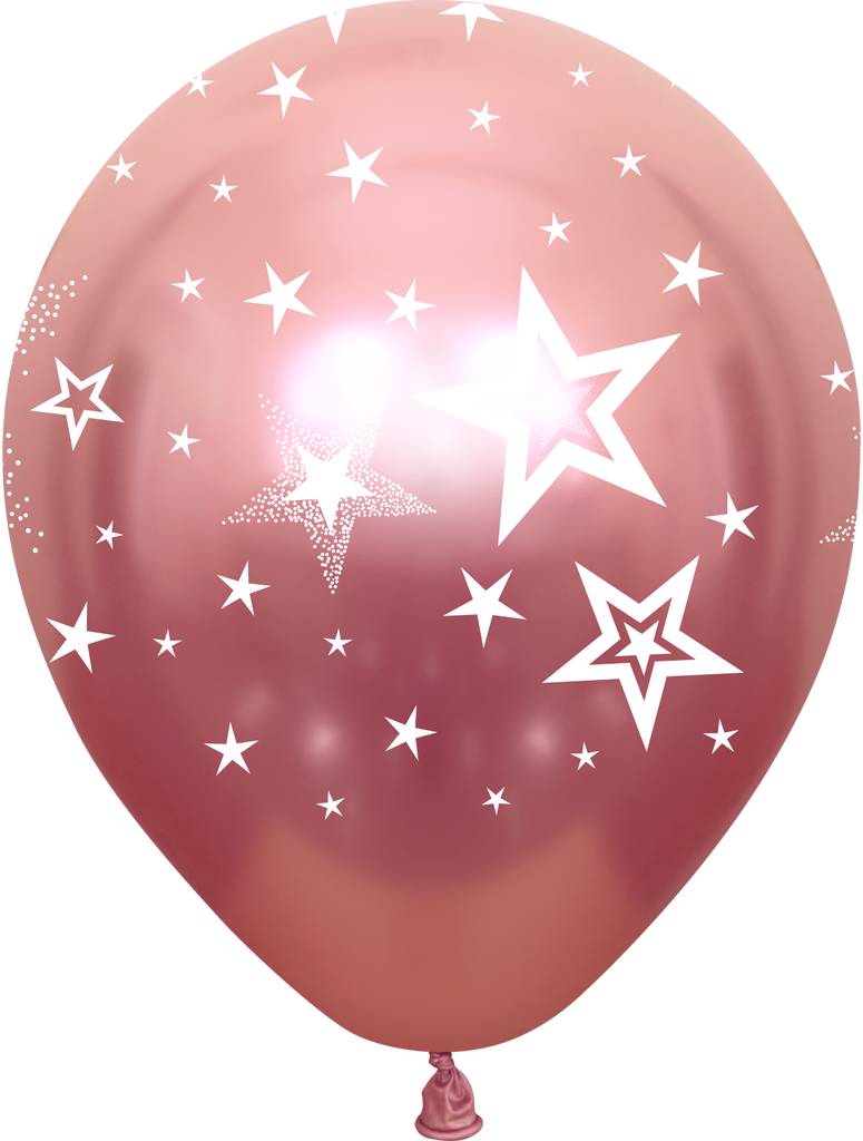 12" Mirror Stars All Around Pink Latex Balloons (25 Per Bag) 5 Side Print