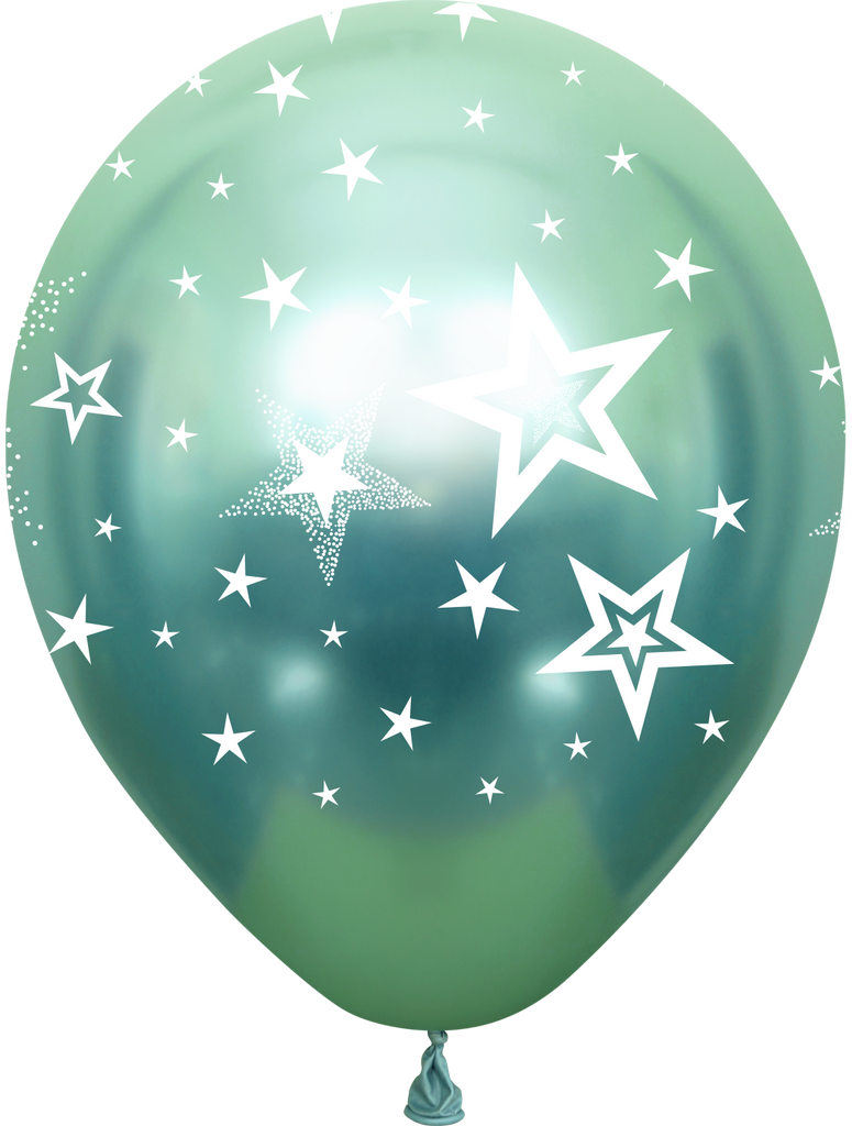 12" Mirror Stars All Around Green Latex Balloons (25 Per Bag) 5 Side Print