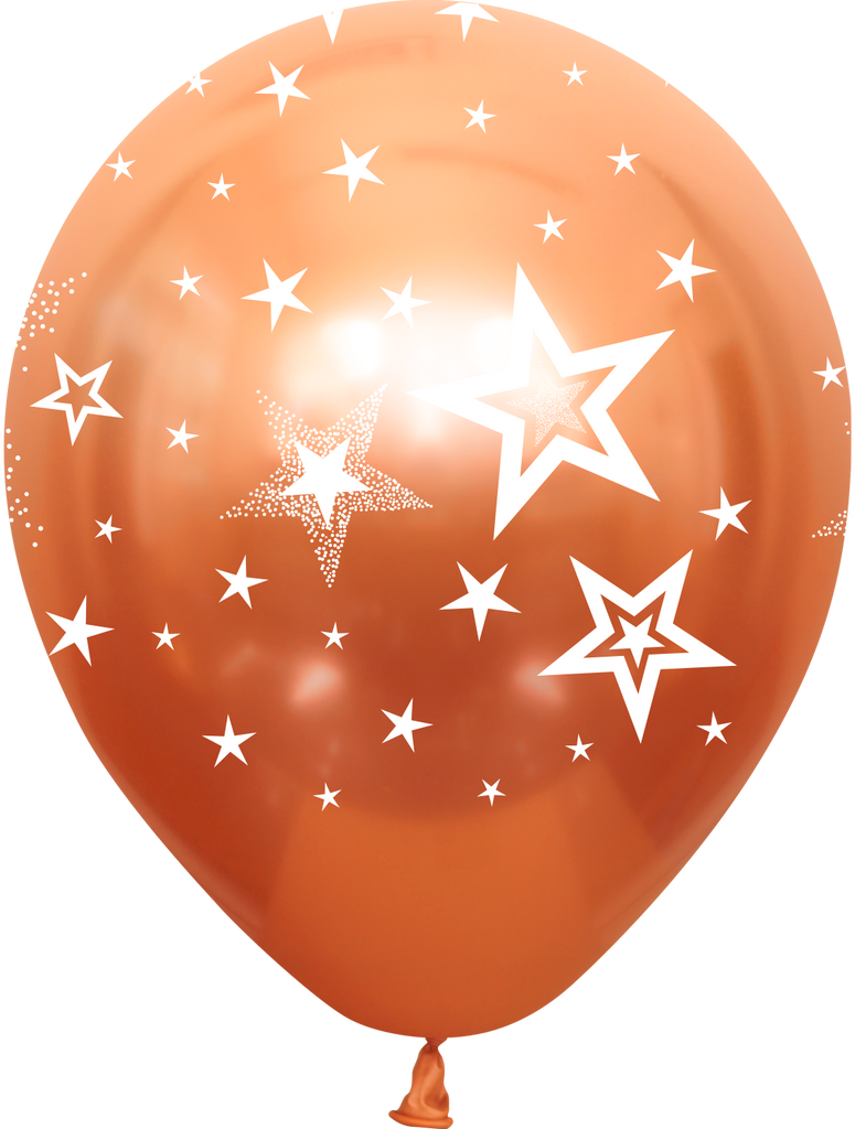 12" Mirror Stars All Around Copper Latex Balloons (25 Per Bag) 5 Side Print