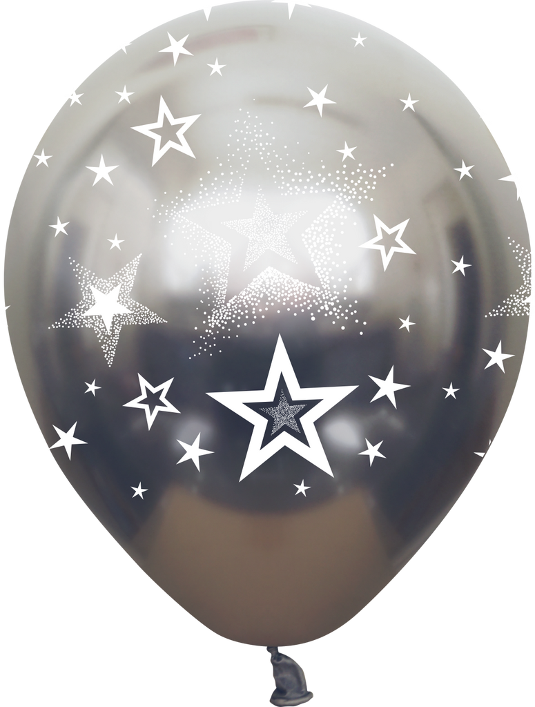 12" Mirror Stars All Around Space Grey Latex Balloons (25 Per Bag) 5 Side Print