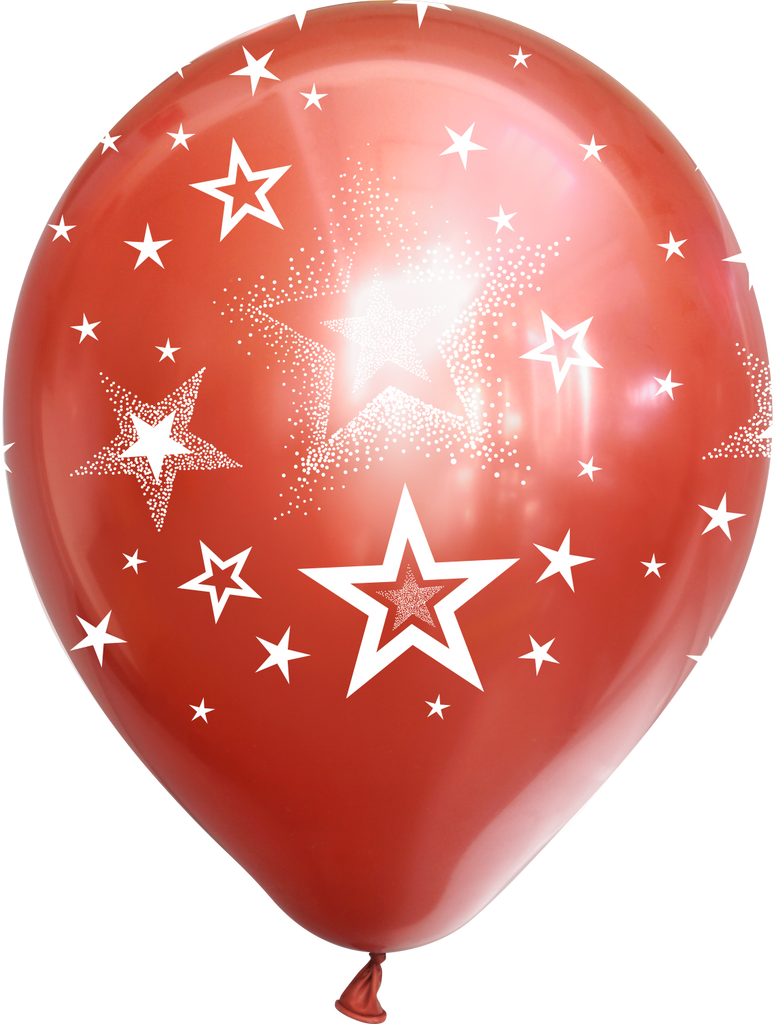 12" Mirror Stars All Around Red Latex Balloons (25 Per Bag) 5 Side Print