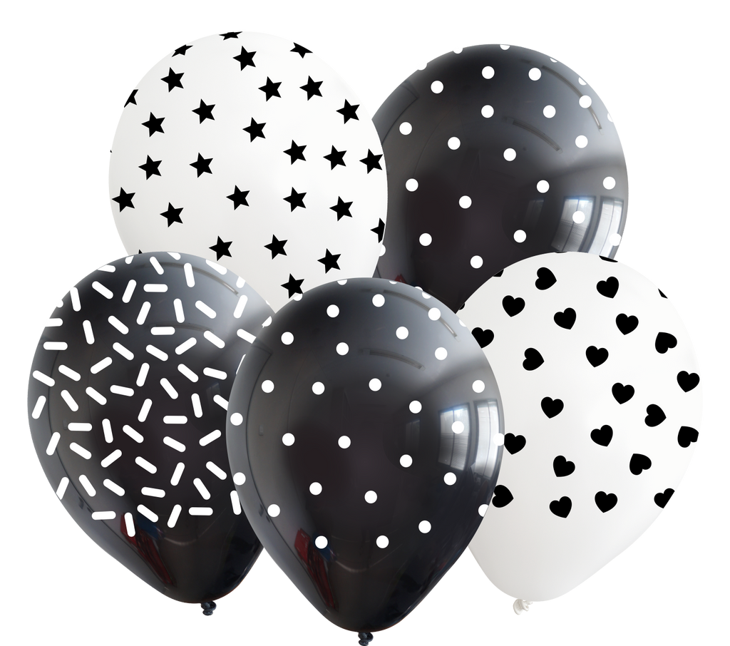 12" Black/White Pattern All Around Latex Balloons (25 Per Bag) 5 Side Print