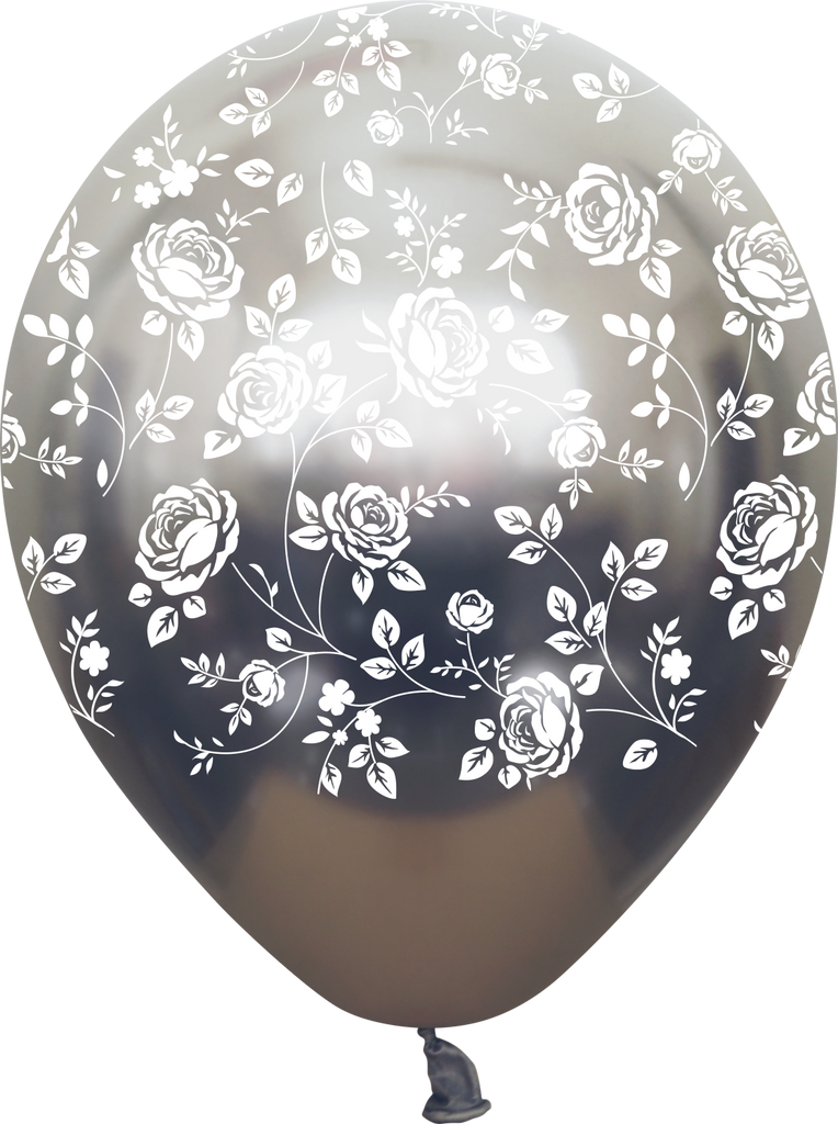 12" Mirror Space Grey Damask Flower All Around Latex Balloons (25 Per Bag) 5 Side Print