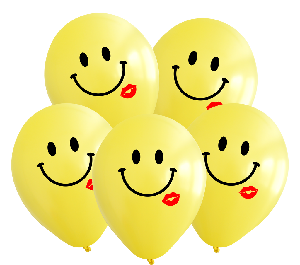 12" Yellow Smiley Kiss 2 Color Print Latex Balloons (25 Per Bag) 2 Color Print