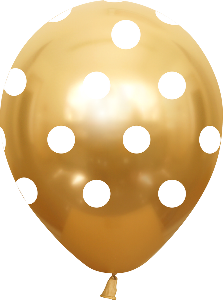 12" Metallic Gold Polka Dots All Around Latex Balloons (25 Per Bag) 5 Side Print