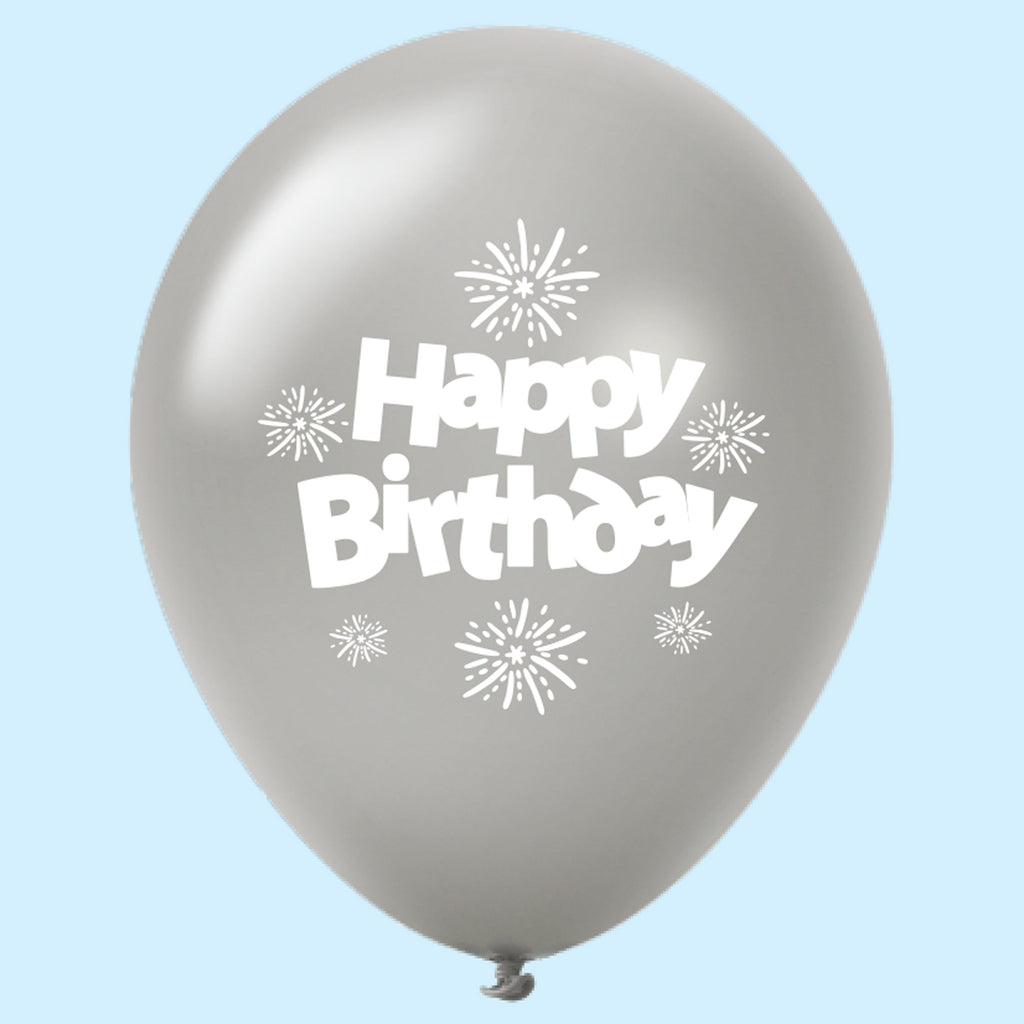 11" Happy Birthday Streamers Latex Balloons Silver (25 Per Bag)