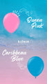Two heart-shaped balloons float above a beach scene: a pink “12\” Kalisan Latex Heart Balloon Standard Queen Pink“ with a crown, and a blue “Caribbean Blue” balloon. The background features ocean and sand, with stylized text and arrows indicating each balloon. Brand: Kalisan.